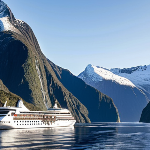 Home 15 Majestic Milford Sound: Towering mountains surrounding a cruise ship on the water, showcasing the vastness and beauty of the fjord. Waterfalls cascading down the cliffs.