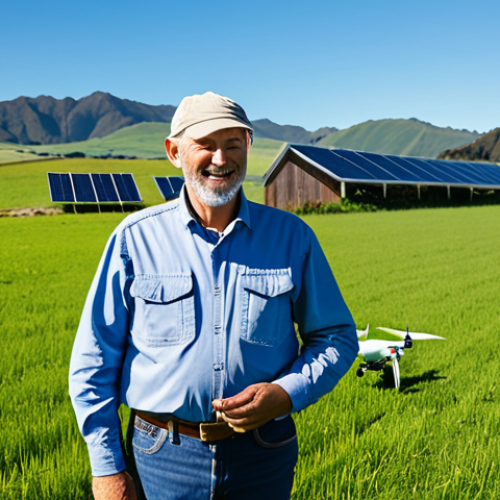 Home 14 A professional, middle-aged male farmer, fully clothed in modest outdoor work attire, standing confidently amidst a vast, lush green New Zealand pasture. In the background, modern farm infrastructure is visible, including solar panels on a barn roof and a drone hovering over neatly managed crops, symbolizing agritech integration. The scene is bathed in natural daylight, with rolling hills under a clear blue sky. The image should convey innovation and sustainability in agriculture. Perfect anatomy, correct proportions, natural pose, well-formed hands, proper finger count, natural body proportions. Safe for work, appropriate content, fully clothed, professional, family-friendly, high-resolution photography, detailed, vibrant colors.