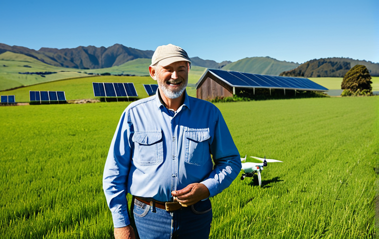 A professional, middle-aged male farmer, fully clothed in modest outdoor work attire, standing confidently amidst a vast, lush green New Zealand pasture. In the background, modern farm infrastructure is visible, including solar panels on a barn roof and a drone hovering over neatly managed crops, symbolizing agritech integration. The scene is bathed in natural daylight, with rolling hills under a clear blue sky. The image should convey innovation and sustainability in agriculture. Perfect anatomy, correct proportions, natural pose, well-formed hands, proper finger count, natural body proportions. Safe for work, appropriate content, fully clothed, professional, family-friendly, high-resolution photography, detailed, vibrant colors.