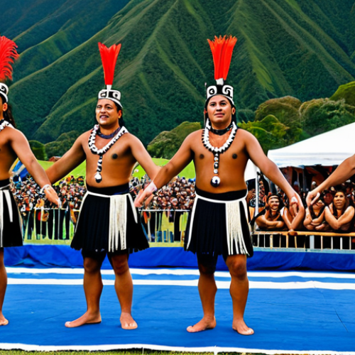 A group of vibrant Māori kapa haka performers on a large outdoor stage, fully clothed in traditional, modest cultural attire, performing with energetic, natural poses. The setting is a bustling cultural festival ground with spectators respectfully observing. Lush, green New Zealand hills and a clear blue sky are in the background. Professional photography, high detail, sharp focus, vibrant colors, perfect anatomy, correct proportions, well-formed hands, proper finger count, natural body proportions, safe for work, appropriate content, fully clothed, family-friendly.