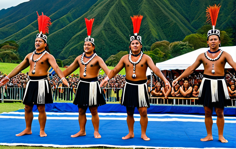 A group of vibrant Māori kapa haka performers on a large outdoor stage, fully clothed in traditional, modest cultural attire, performing with energetic, natural poses. The setting is a bustling cultural festival ground with spectators respectfully observing. Lush, green New Zealand hills and a clear blue sky are in the background. Professional photography, high detail, sharp focus, vibrant colors, perfect anatomy, correct proportions, well-formed hands, proper finger count, natural body proportions, safe for work, appropriate content, fully clothed, family-friendly.